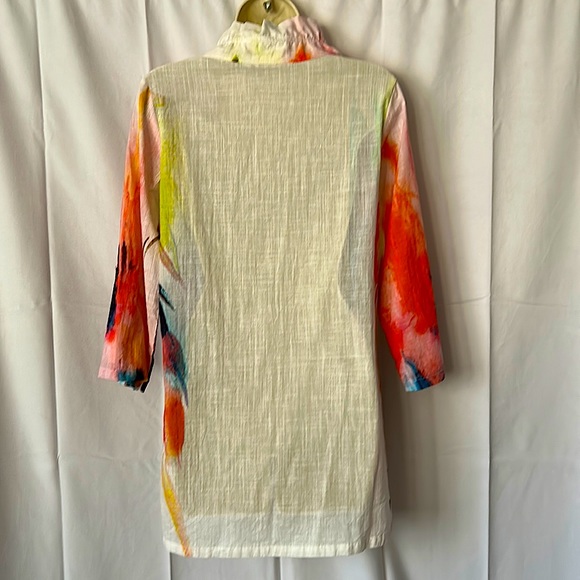 Soft Surroundings Colorful Ruffle Collar 3/4 Sleeve Cotton Tunic Top Size S - Picture 2 of 3